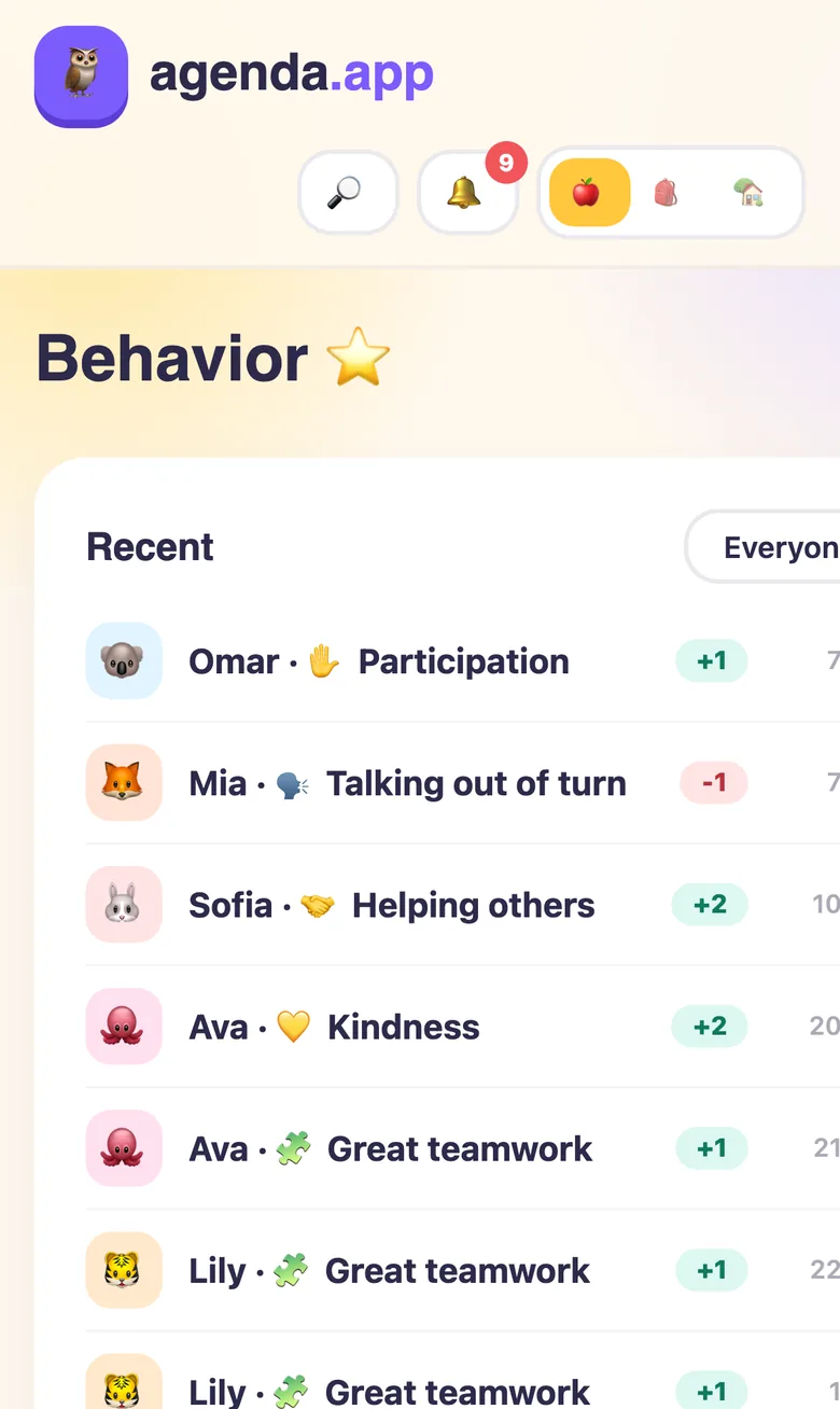 Behavior log on an iPhone listing recent points.