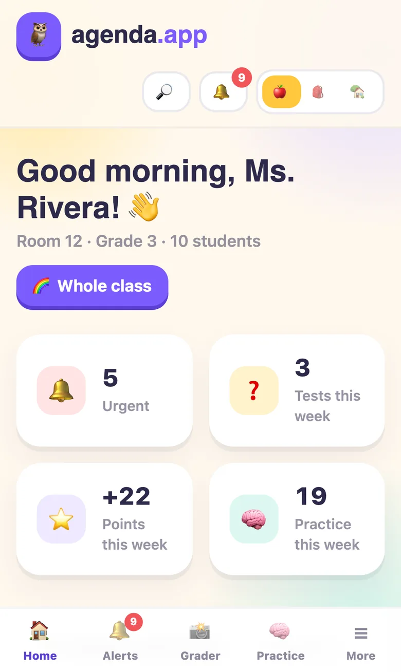 agenda.app dashboard on an iPhone with a bottom tab bar.