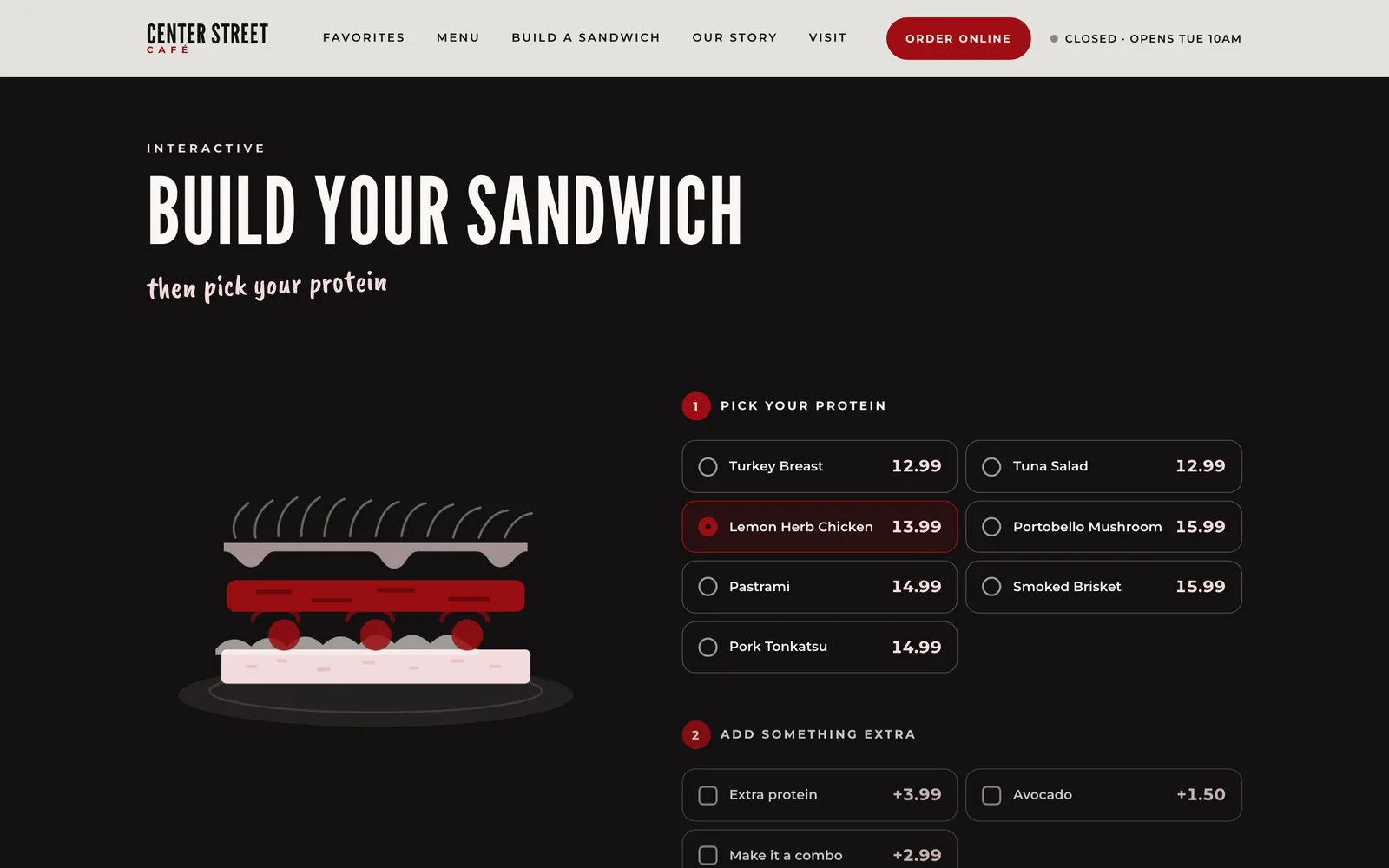 Build your sandwich: an illustrated sandwich beside protein choices with prices and extras.