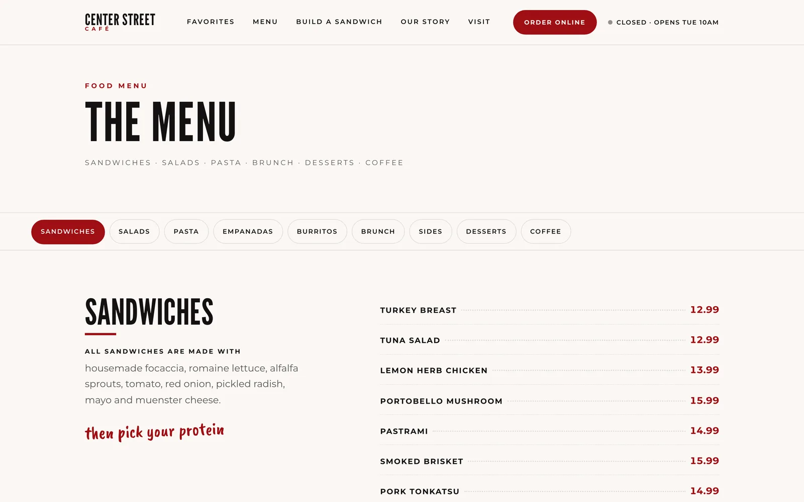 The menu with category tabs and sandwich prices.