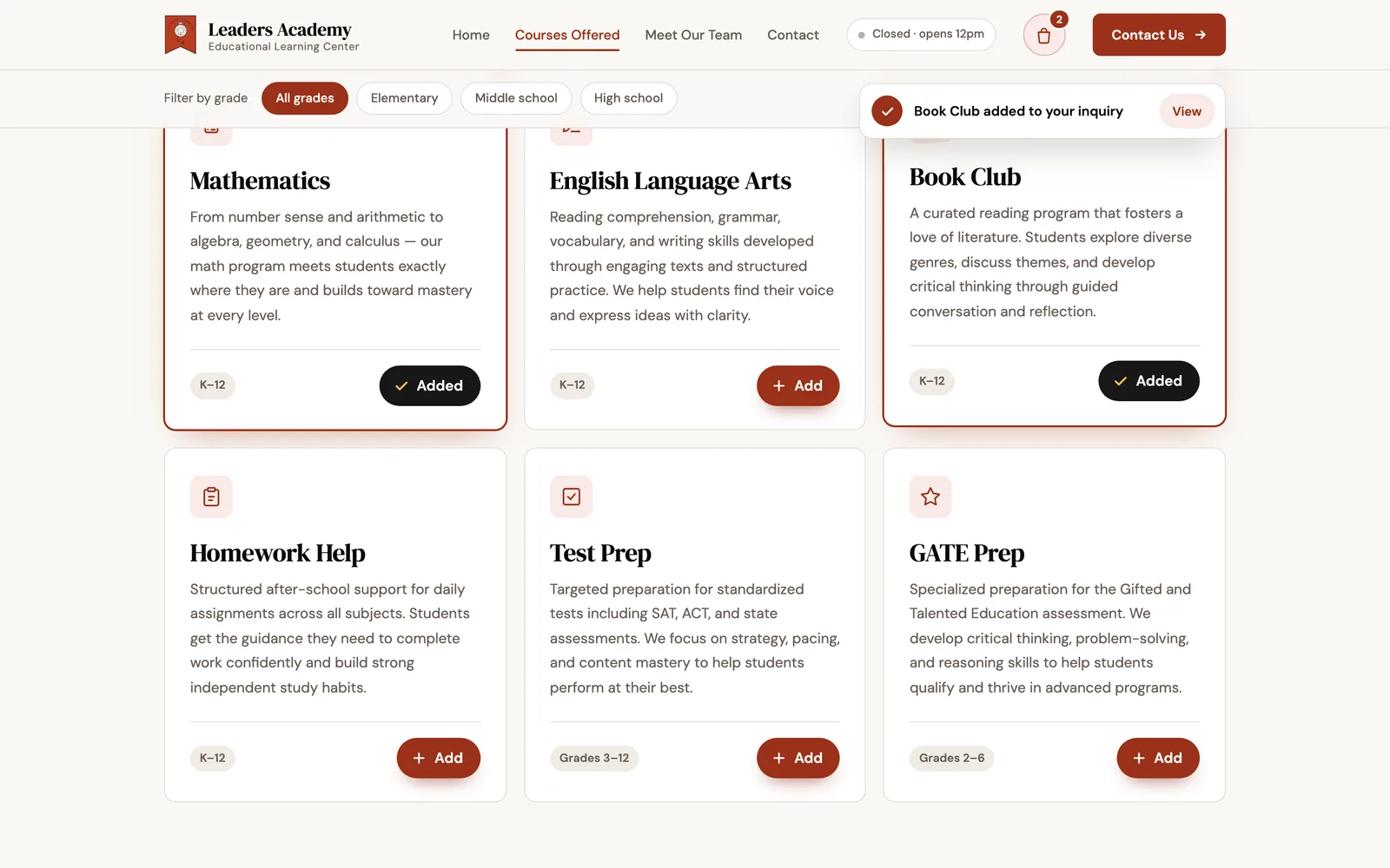 Leaders courses page: two courses marked Added and a confirmation that Book Club was added to the inquiry.