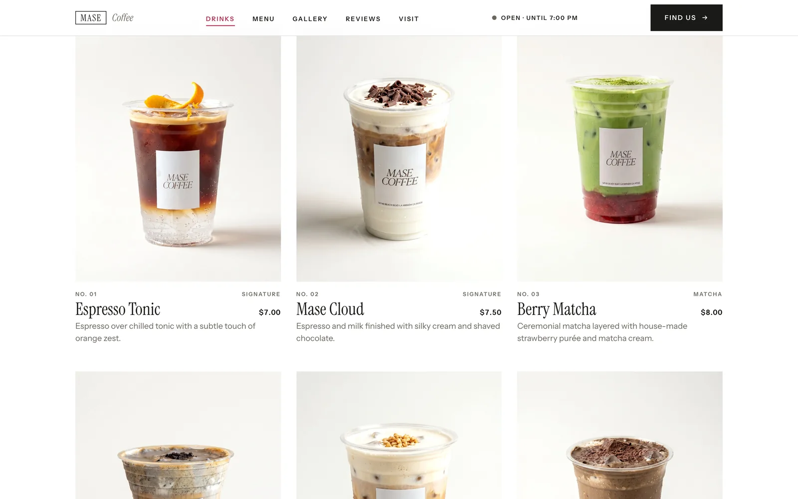 Mase drinks page: studio cards with number, category, name, price and description.