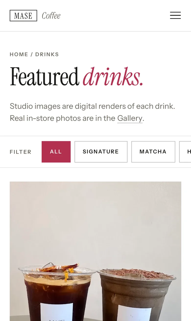 Mase drinks page on an iPhone.