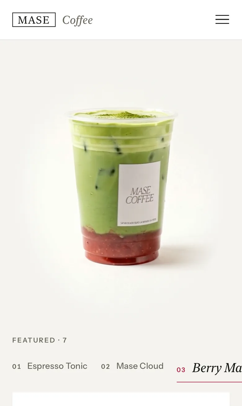 Mase Coffee home page on an iPhone.