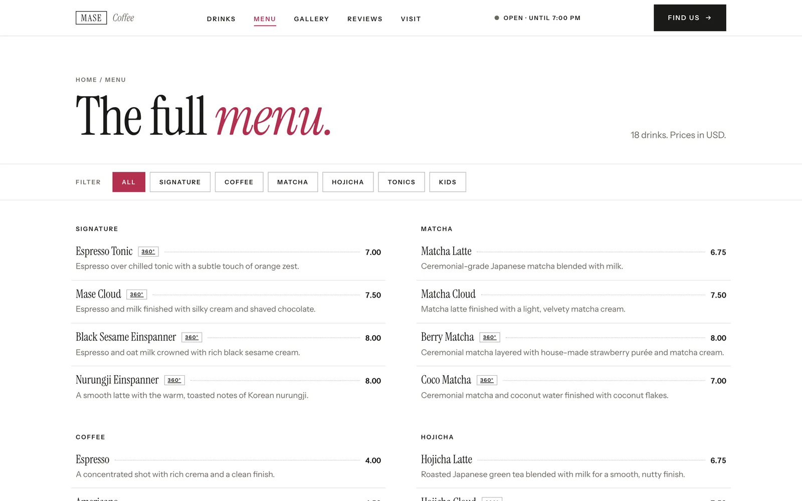 Mase full menu with category filters and prices.