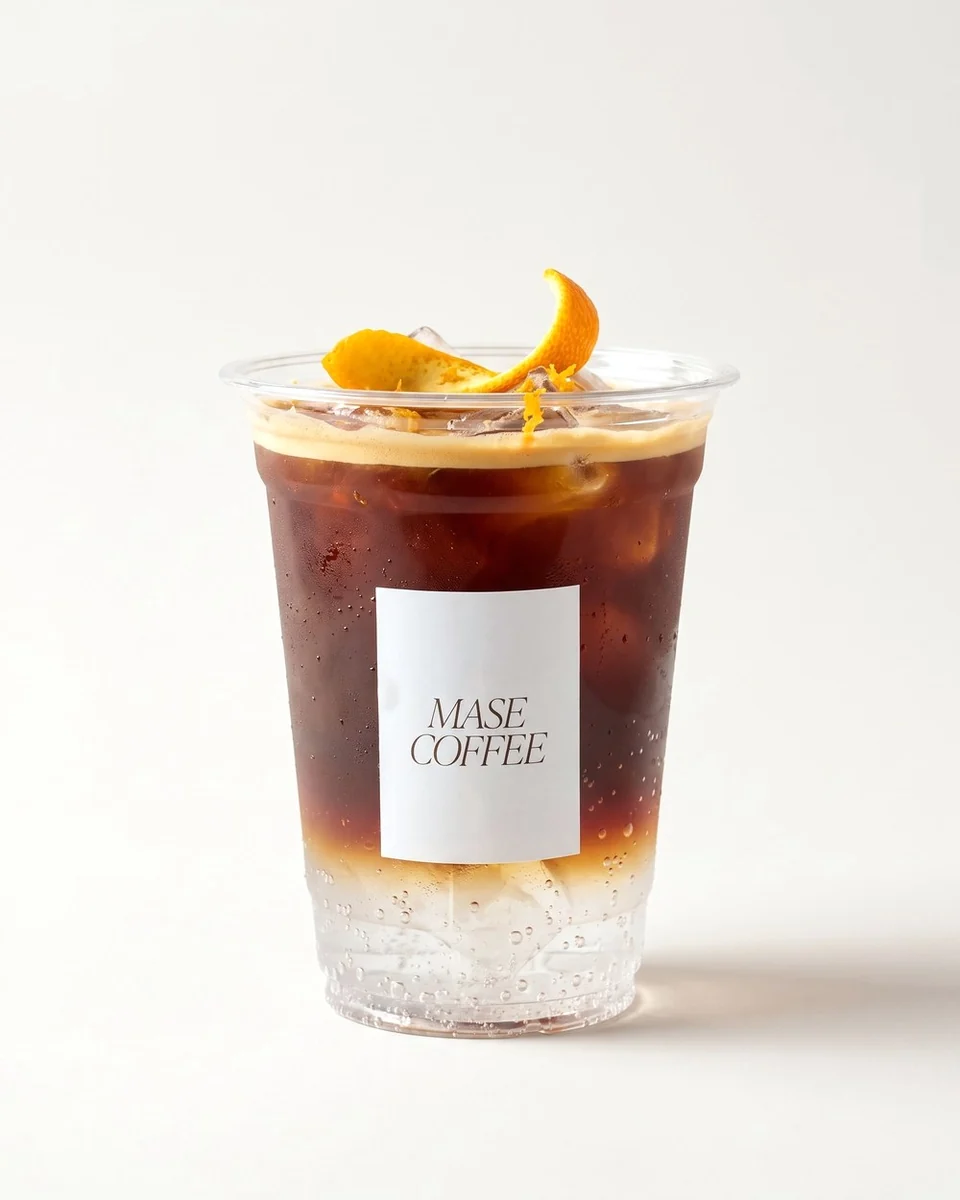 Espresso Tonic: espresso over sparkling tonic with an orange twist, in a Mase Coffee cup.