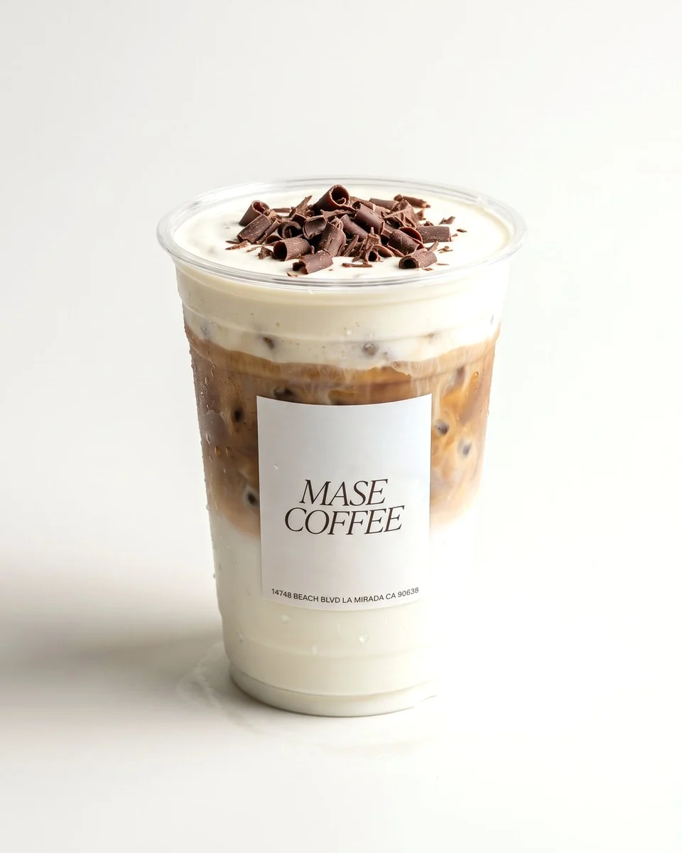 Mase Cloud: espresso and milk under silky cream and shaved chocolate.