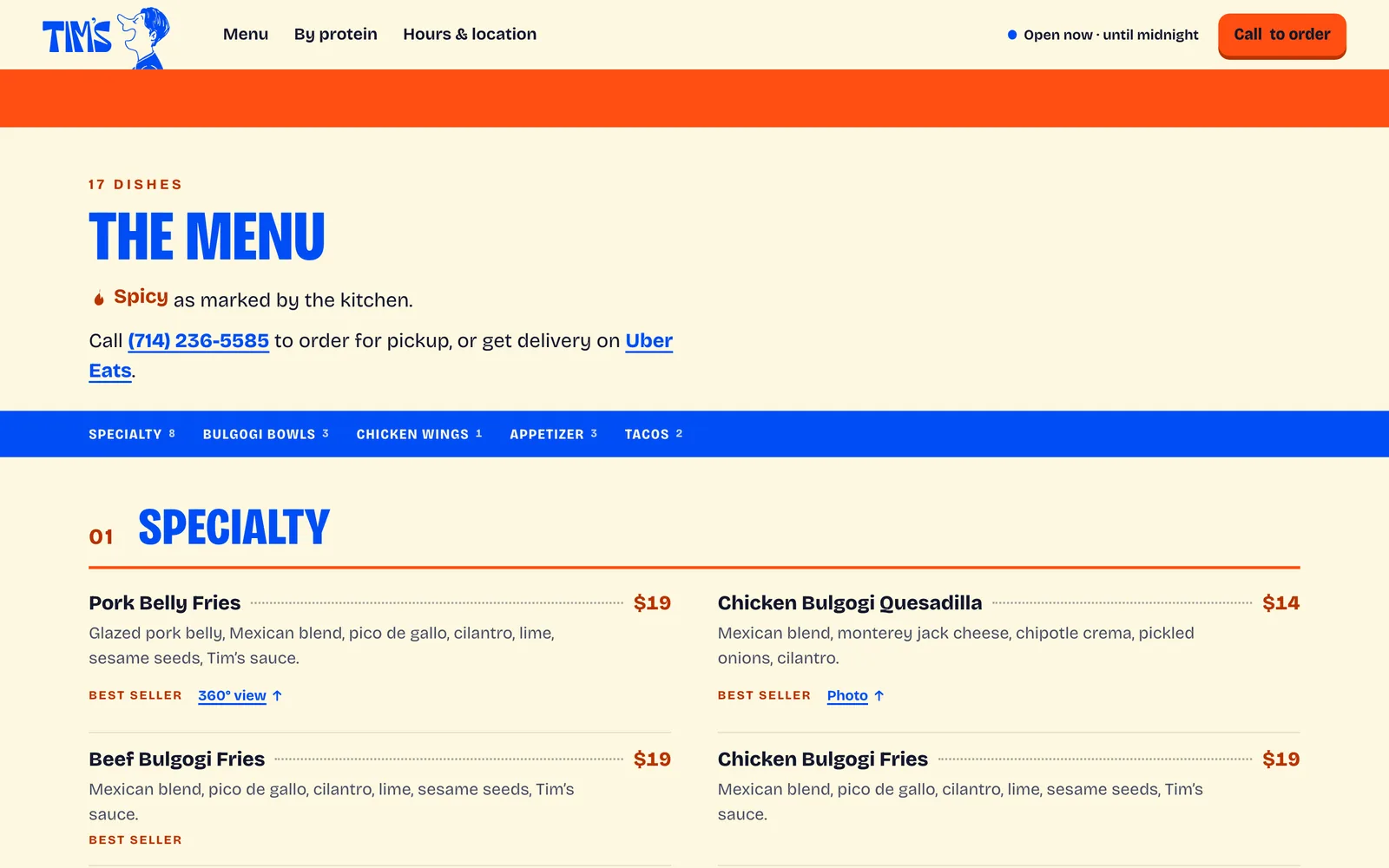 The menu: 17 dishes under a blue category band, with prices, best sellers and order links.
