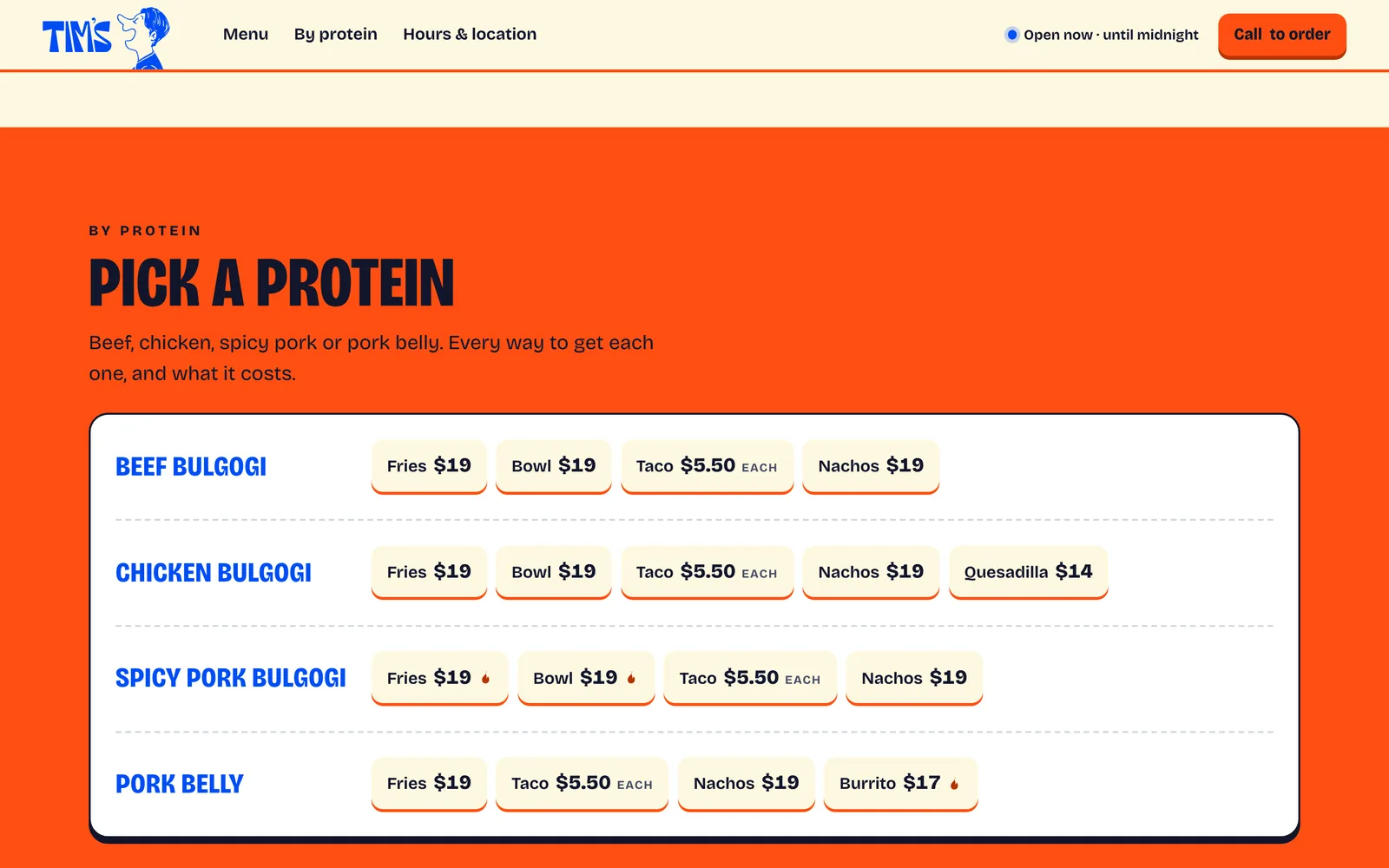 Pick a protein on an orange band: beef bulgogi, chicken bulgogi, spicy pork bulgogi and pork belly, each with the ways it comes and their prices.