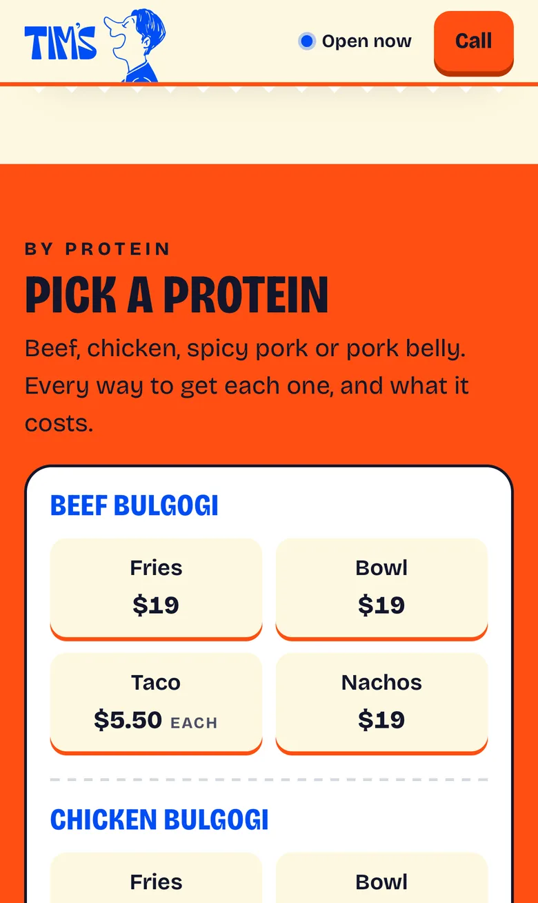 Pick a protein on an iPhone, with the prices in two columns.
